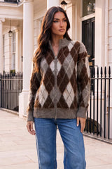 Multi Argyle Zip-Up Brushed Knit Cardigan