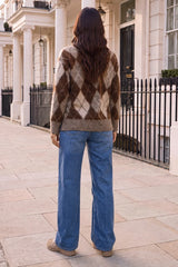 Multi Argyle Zip-Up Brushed Knit Cardigan