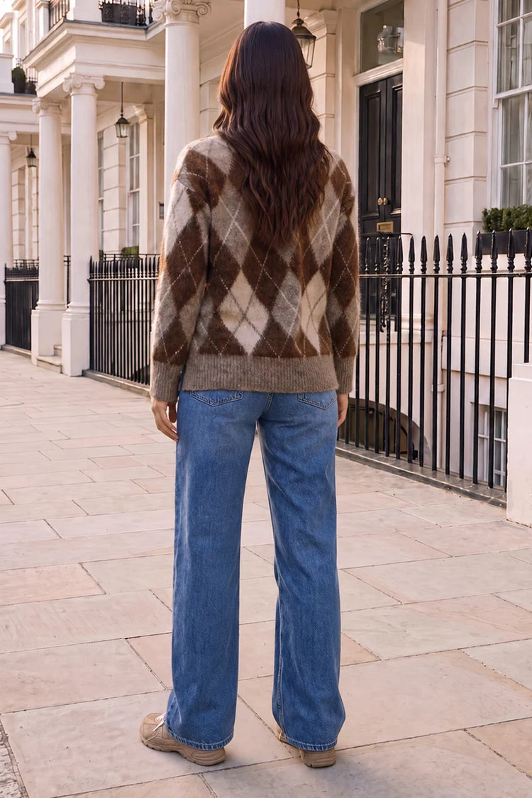 Multi Argyle Zip-Up Brushed Knit Cardigan