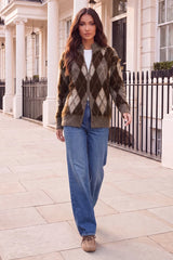 Multi Argyle Zip-Up Brushed Knit Cardigan