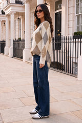 Multi Cream Argyle Crew Neck Jumper