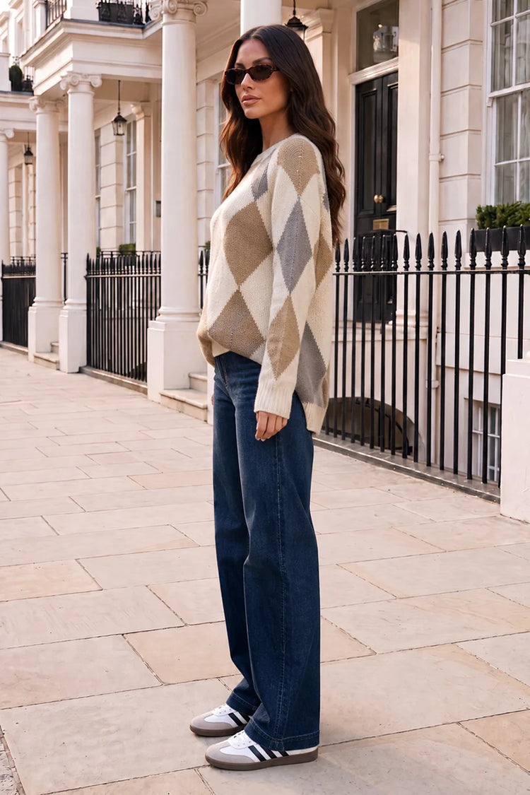 Multi Cream Argyle Crew Neck Jumper