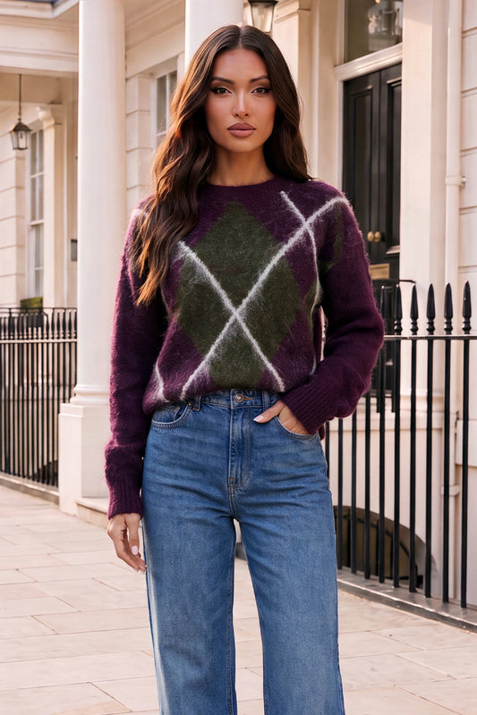 Plum Argyle Crew Neck Jumper