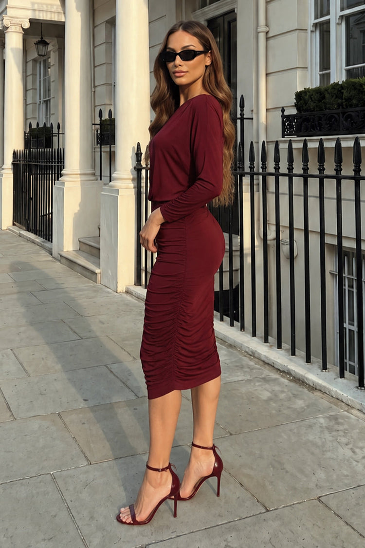Plum Off The Shoulder Ruched Midi Dress