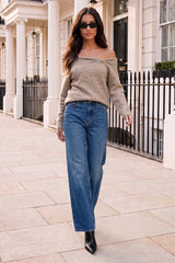 Stone Asymmetric Neckline Hardware Detail Knit Jumper