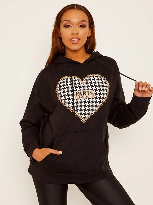 Paris Heart Print Hoodie - Black