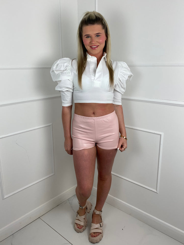 Low Waisted Matte PVC Shorts- Baby Pink