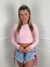 Padded Shoulder Long Sleeve Crop Top- Baby Pink