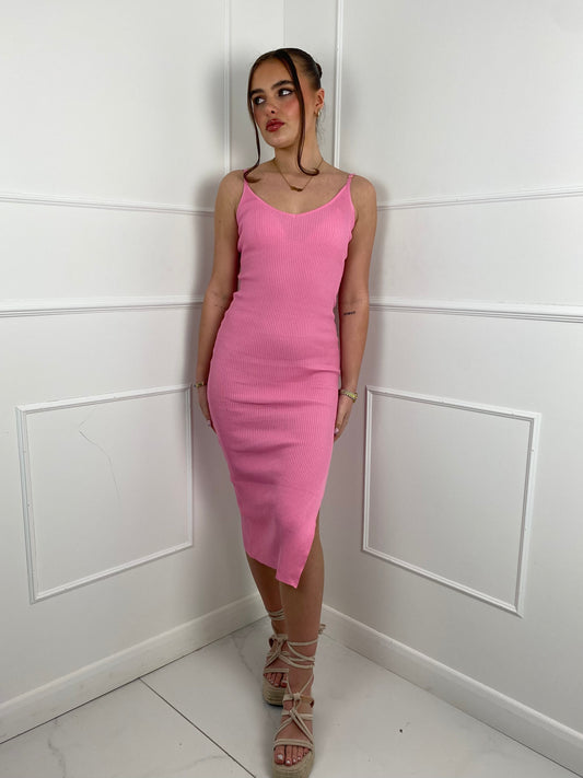 Midaxi slit side ribbed dress-Pink