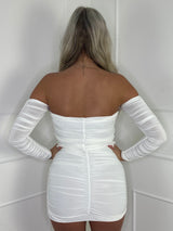 Bandeau Ruche Long Sleeve Dress - White