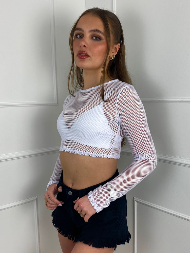 Netted Long Sleeve Top  - White