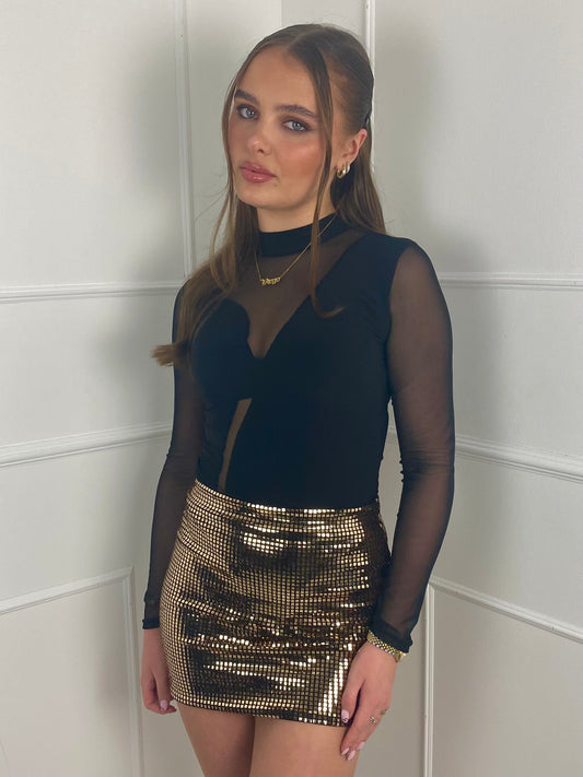 Square Sequin Mini Skirt- Gold