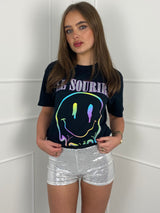 Glitter Smiley Face T-shirt- Black