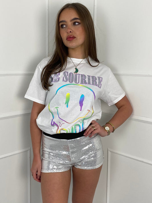 Glitter Smiley Face T-shirt- White