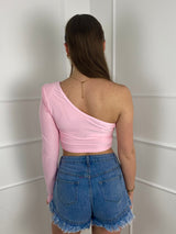 Padded Shoulder One Sleeve Top- Baby Pink