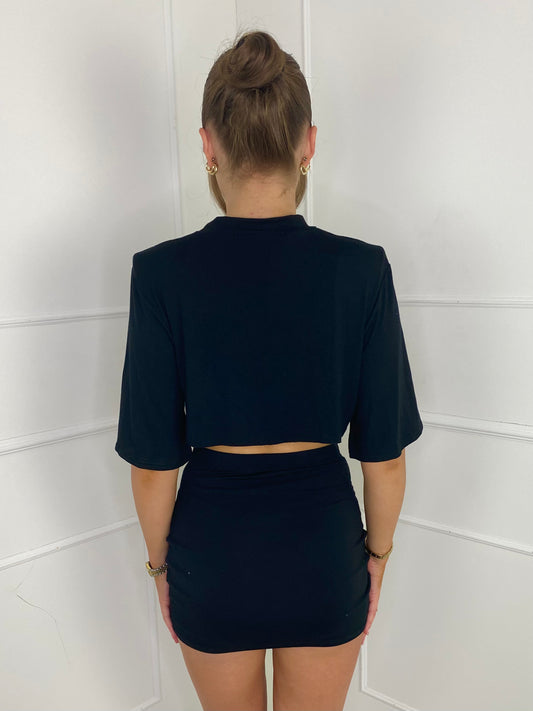 Cropped T-Shirt Co-ord - Black Montana Print