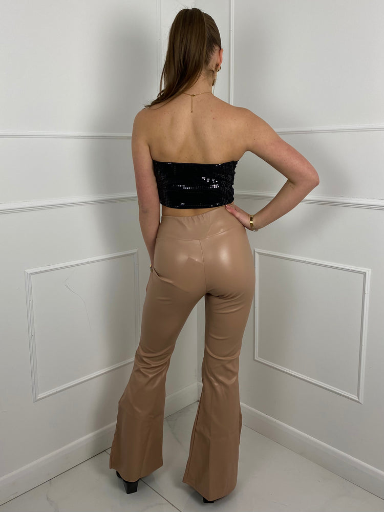 Leather Flared Trousers With Slit - Beige