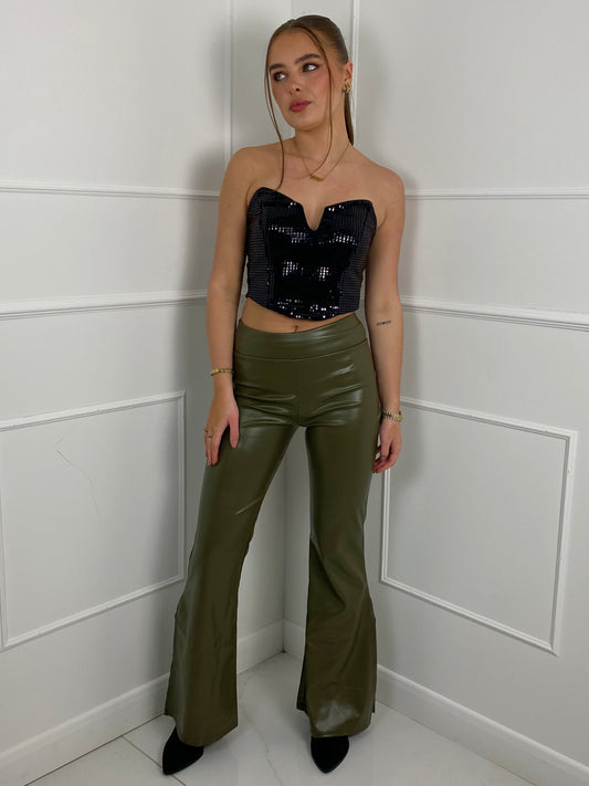 Leather Flared Trousers With Slit - Khaki