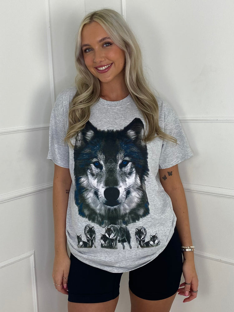 Wolf Print Oversized T-shirt - Grey