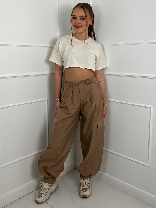 Tie Waist Parachute Pants - Tan