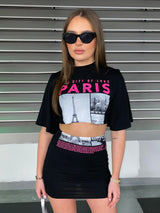 Cropped T-shirt Co-ord- Black Paris Print