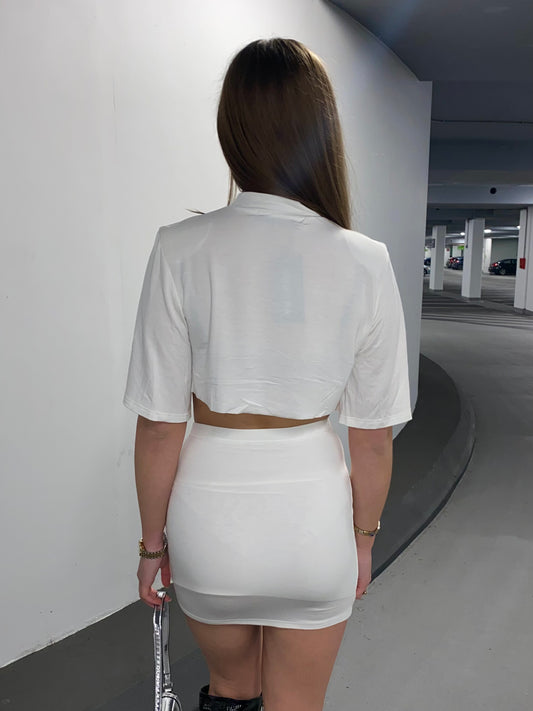 Cropped T-shirt Co-ord- White Fashion Print