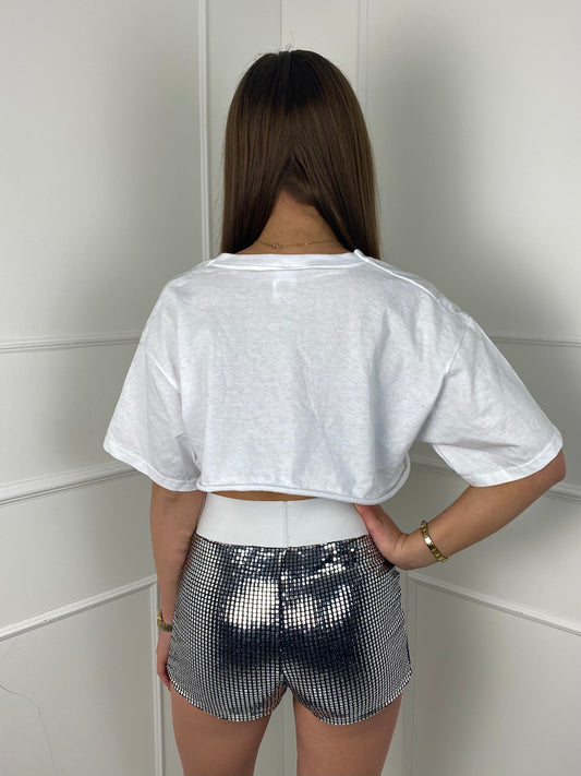 Sequin Thick Band Shorts- White/Silver