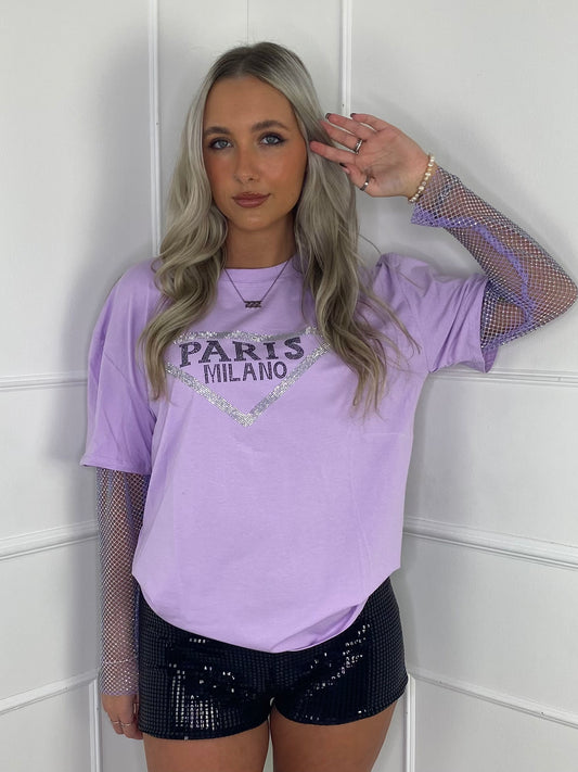 Diamanté 'PARIS' T-shirt- Lilac