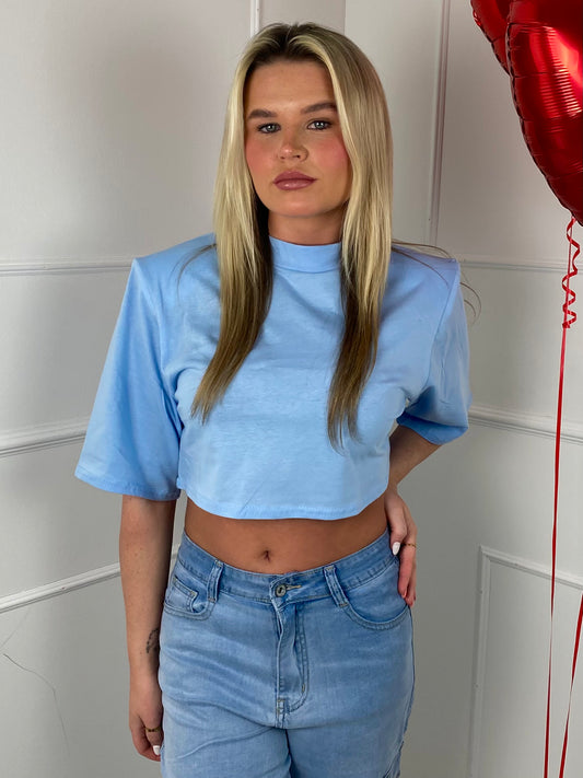 Padded Shoulder Cropped Tee - Baby Blue