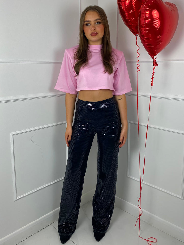 Padded Shoulder Cropped Tee -  Baby Pink
