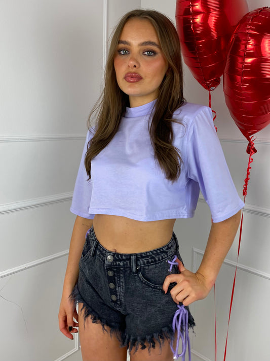 Padded Shoulder Cropped Tee - Lilac