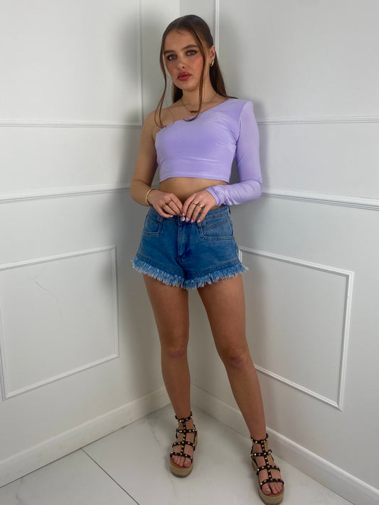 Padded Shoulder One Sleeve Top- Lilac