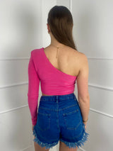 Padded Shoulder One Sleeve Top- Cerise Pink