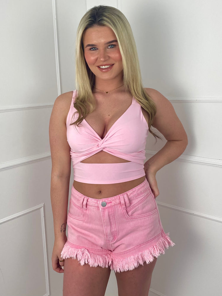Twist Front Cut Out Crop Top- Baby Pink