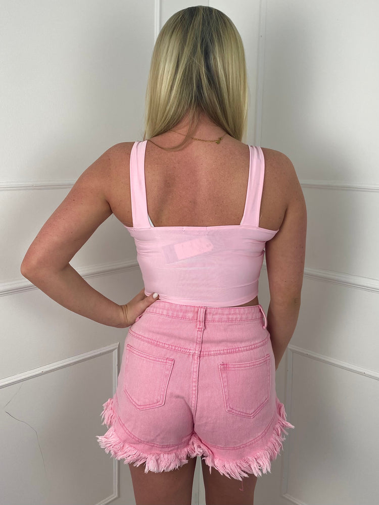 Twist Front Cut Out Crop Top- Baby Pink