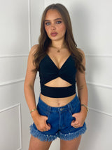 Twist Front Cut Out Crop Top- Black