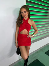 Wrap Neck Bodycon Dress - Red