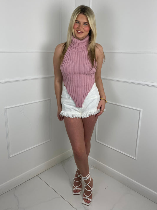 Roll Neck Asymmetric Top - Baby Pink