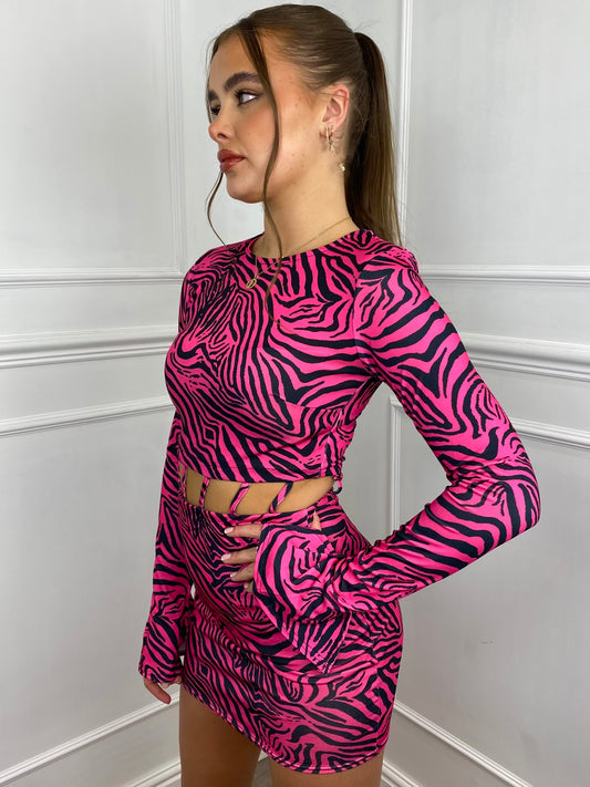 Printed Flared Sleeve Cut Out Dress- Pink