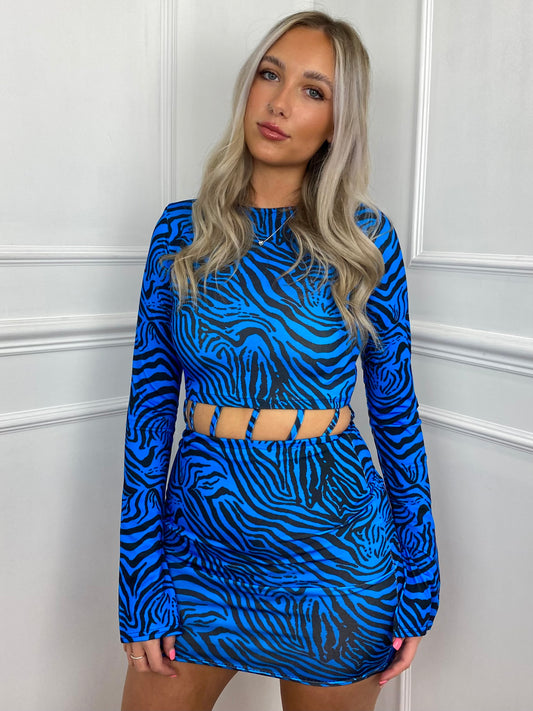 Printed Flared Sleeve Cut Out Dress- Blue
