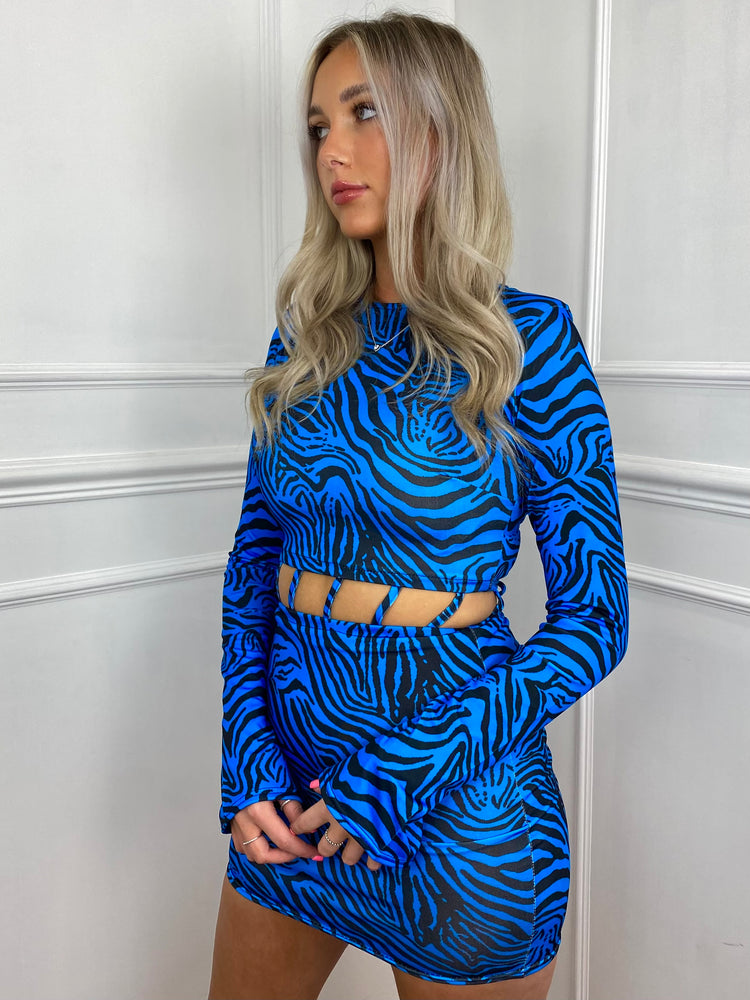 Printed Flared Sleeve Cut Out Dress- Blue