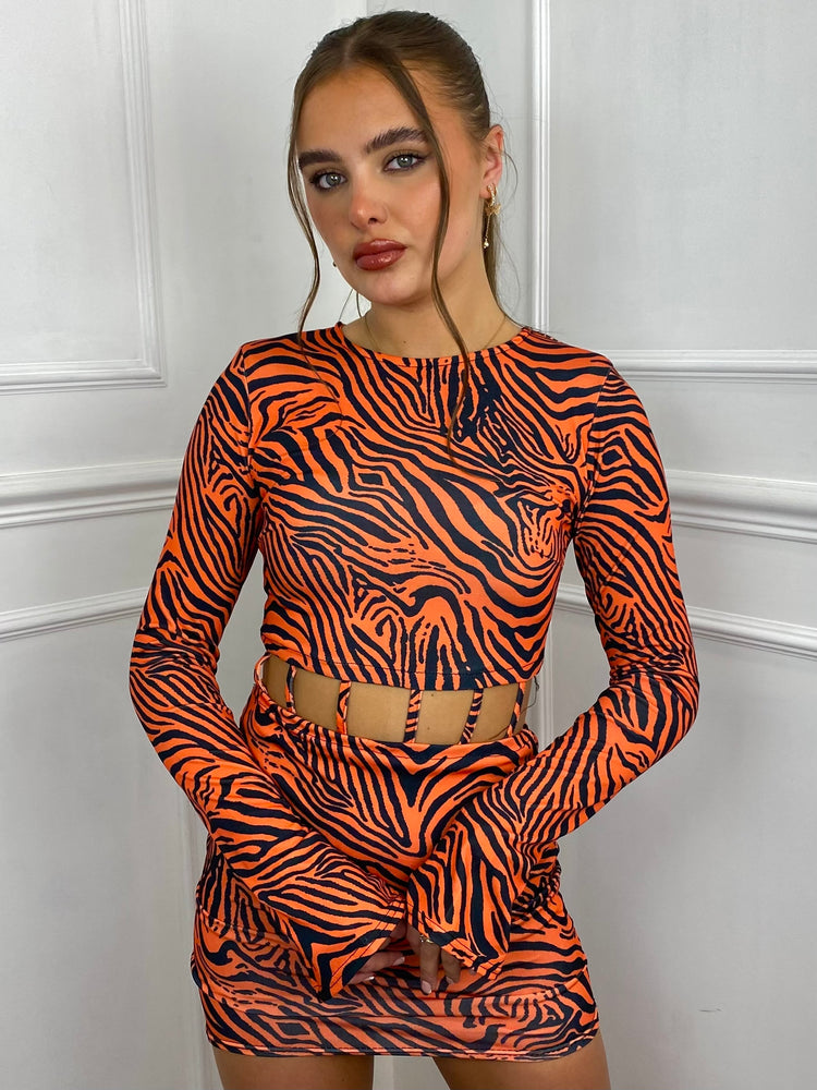 Printed Flared Sleeve Cut Out Dress- Orange