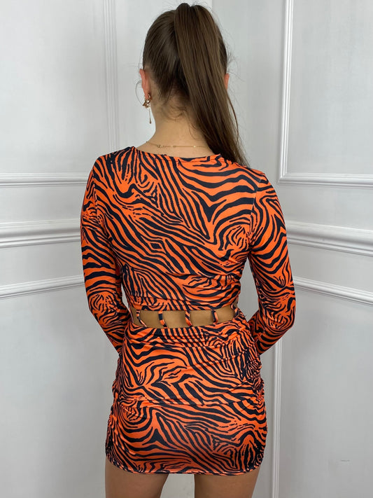 Printed Flared Sleeve Cut Out Dress- Orange