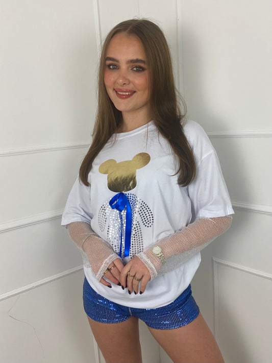 Bow Detail Teddy Bear Sequin Sleeve T-Shirt - White