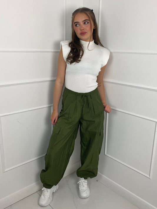 Tie Waist Parachute Pants - Khaki