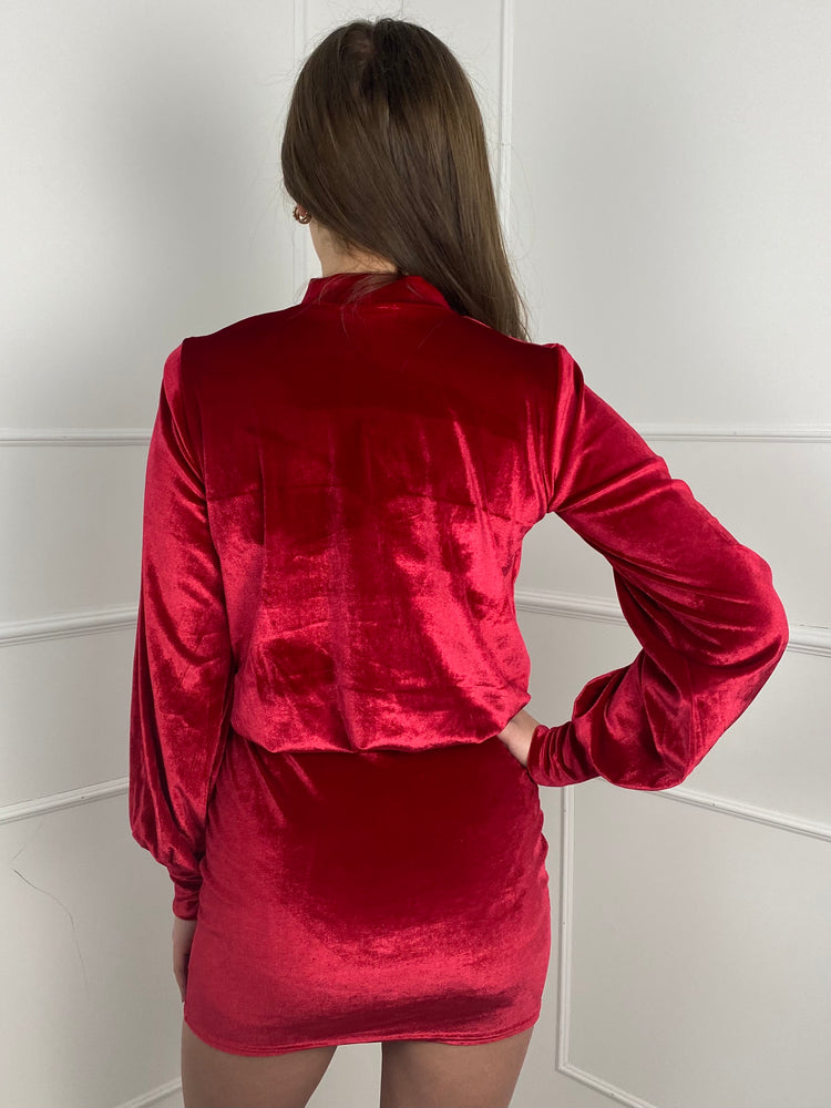 Shoulder Pad Long Sleeve Velvet Dress - Deep Red