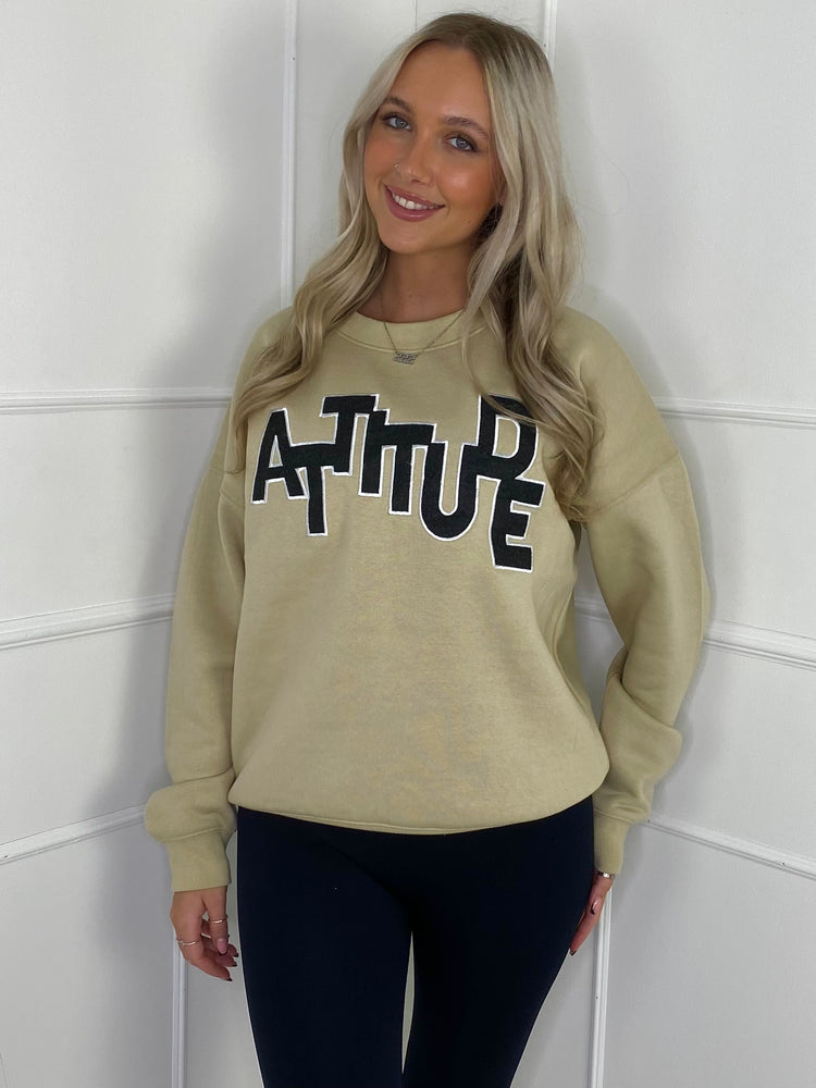 Attitude Embroidered Sweatshirt- Beige