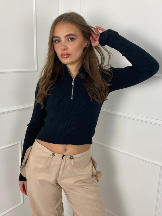 Half Zip Fitted Jumper - Black