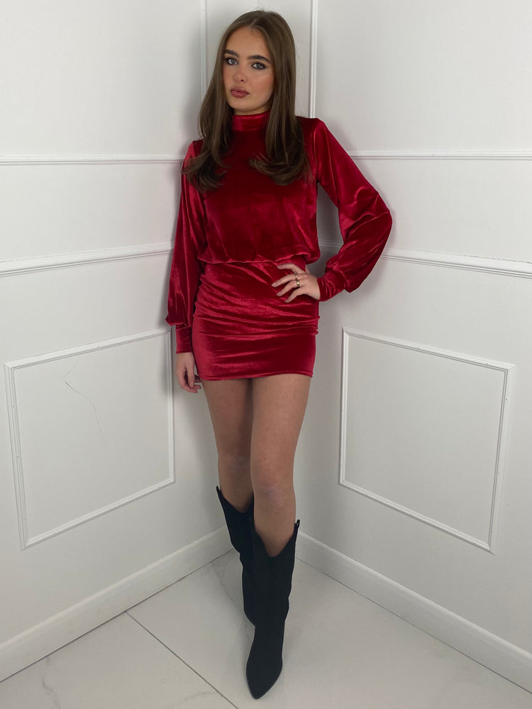 Shoulder Pad Long Sleeve Velvet Dress - Deep Red