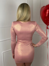 High Neck Padded Shoulder Dress - Pink Shimmer